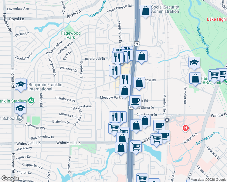 map of restaurants, bars, coffee shops, grocery stores, and more near 10209 Regal Oaks Drive in Dallas