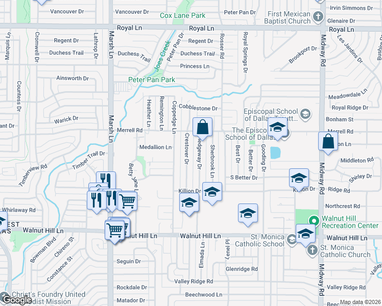 map of restaurants, bars, coffee shops, grocery stores, and more near 10235 Hedgeway Drive in Dallas