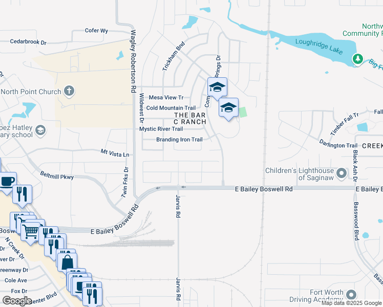map of restaurants, bars, coffee shops, grocery stores, and more near 405 Mariscal Place in Fort Worth
