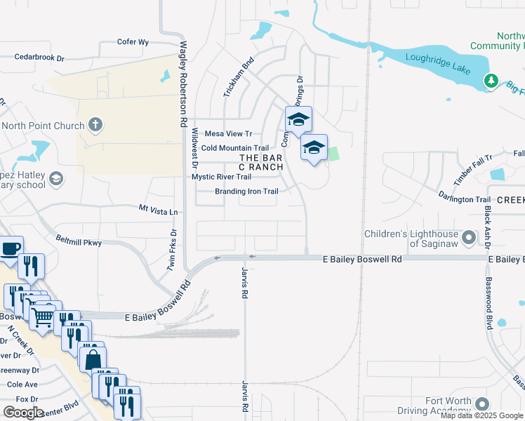 map of restaurants, bars, coffee shops, grocery stores, and more near 405 Mariscal Place in Fort Worth