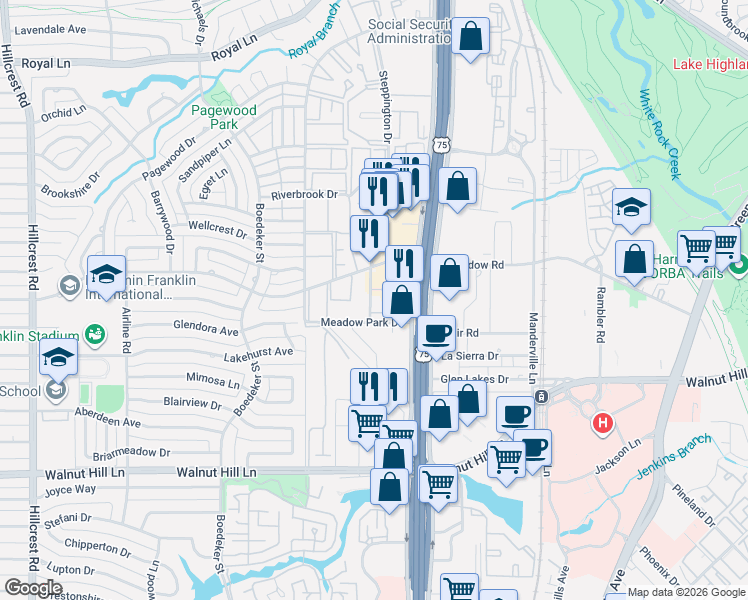 map of restaurants, bars, coffee shops, grocery stores, and more near 10209 Regal Oaks Drive in Dallas