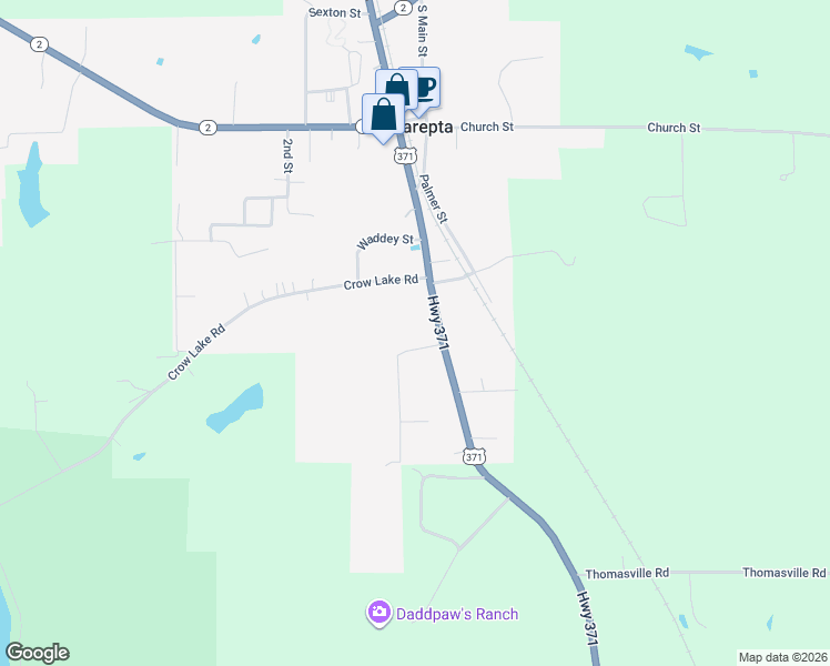 map of restaurants, bars, coffee shops, grocery stores, and more near 134 Worsham Street in Sarepta