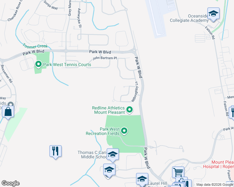 map of restaurants, bars, coffee shops, grocery stores, and more near 1205 Knightbridge Lane in Mount Pleasant