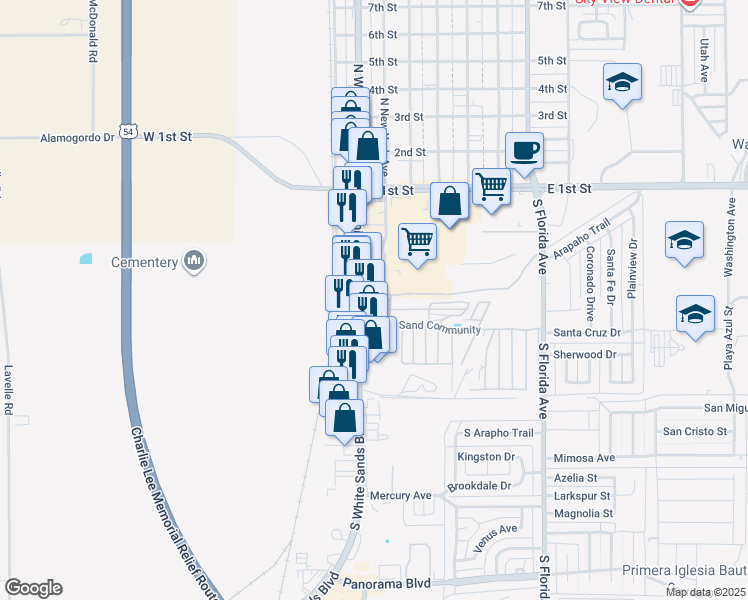 map of restaurants, bars, coffee shops, grocery stores, and more near 417 South White Sands Boulevard in Alamogordo
