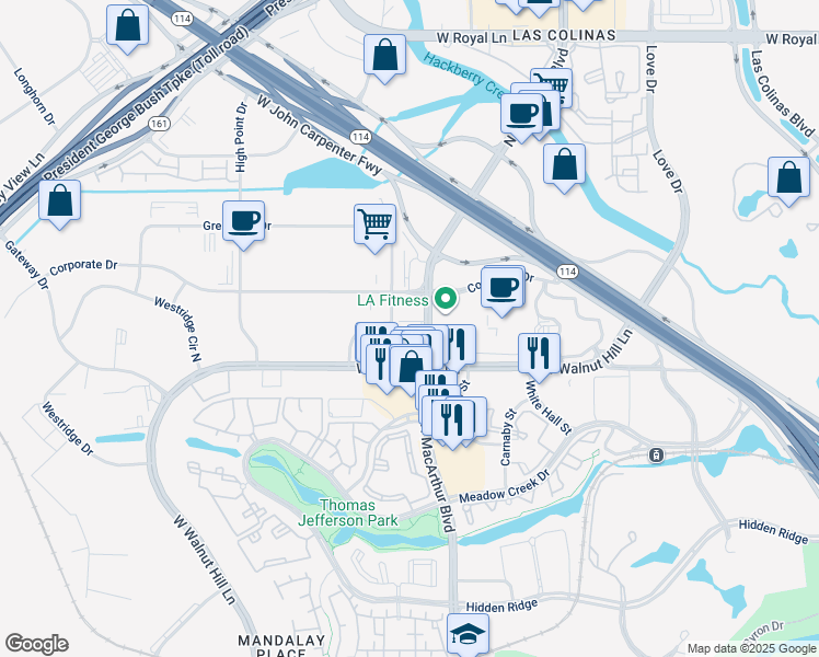 map of restaurants, bars, coffee shops, grocery stores, and more near 5525 North MacArthur Boulevard in Irving