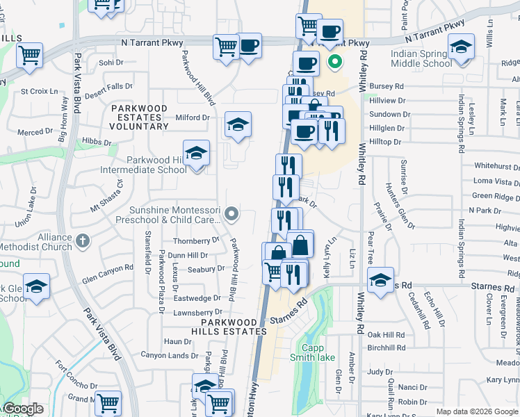 map of restaurants, bars, coffee shops, grocery stores, and more near 7940 Crouse Drive in Fort Worth