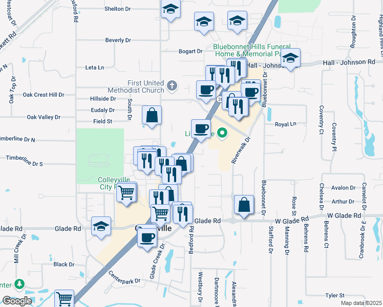 map of restaurants, bars, coffee shops, grocery stores, and more near 110 Professional Court in Colleyville