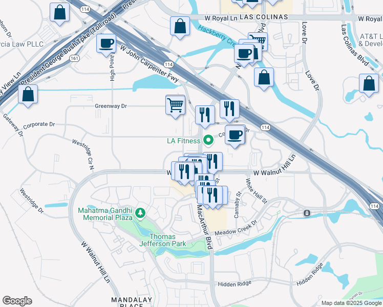 map of restaurants, bars, coffee shops, grocery stores, and more near 5525 North Macarthur Boulevard in Irving