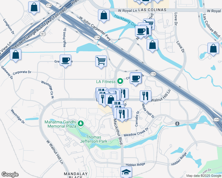 map of restaurants, bars, coffee shops, grocery stores, and more near 5525 North MacArthur Boulevard in Irving