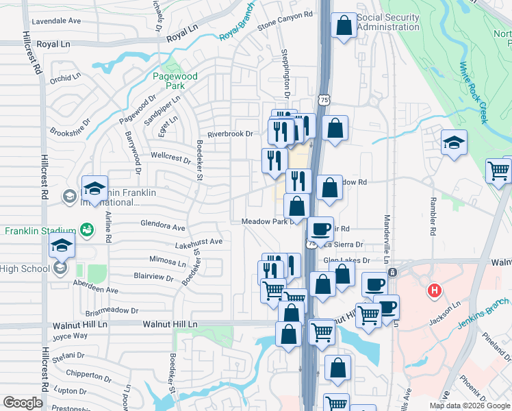 map of restaurants, bars, coffee shops, grocery stores, and more near 7711 Meadow Park Drive in Dallas