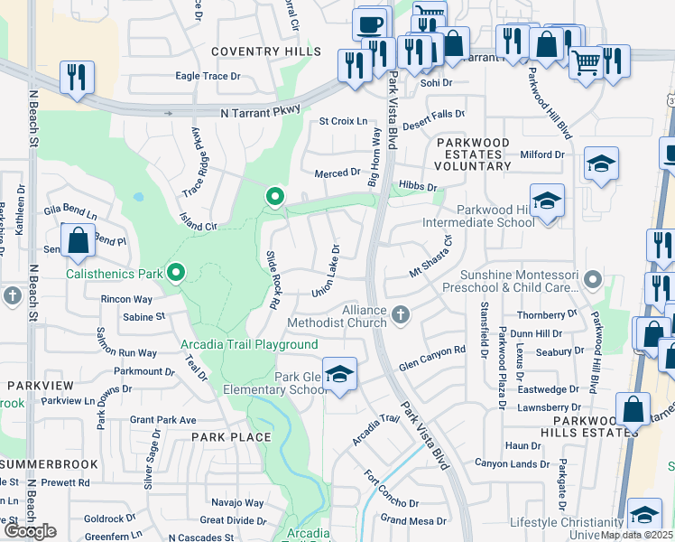 map of restaurants, bars, coffee shops, grocery stores, and more near 5201 Spanish River Trail in Fort Worth