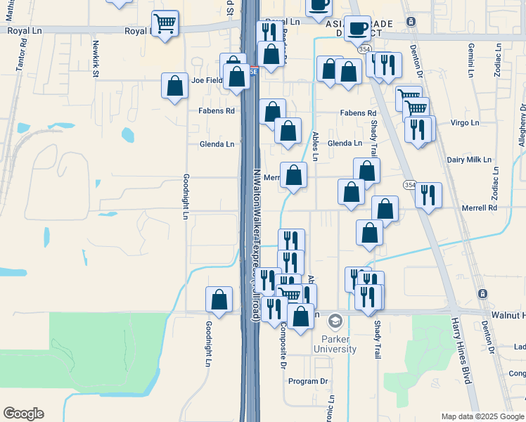 map of restaurants, bars, coffee shops, grocery stores, and more near 2400 Southwell Road in Dallas