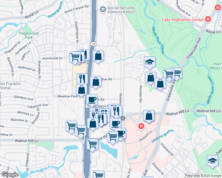 map of restaurants, bars, coffee shops, grocery stores, and more near 7735 Manderville Lane in Dallas