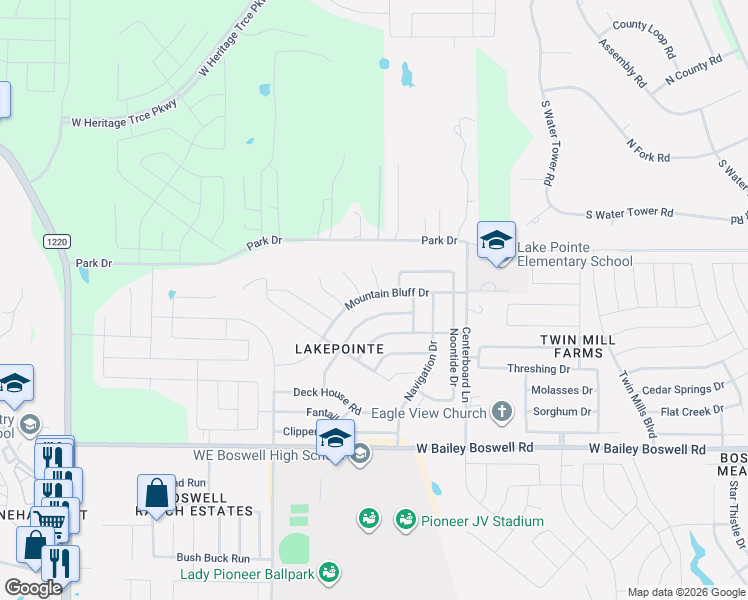 map of restaurants, bars, coffee shops, grocery stores, and more near 5829 Mountain Bluff Drive in Fort Worth