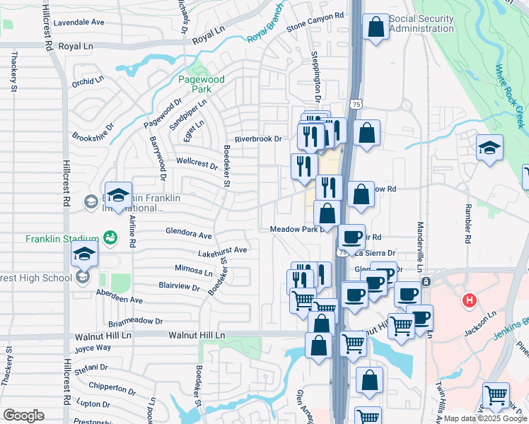 map of restaurants, bars, coffee shops, grocery stores, and more near 7700 Meadow Road in Dallas