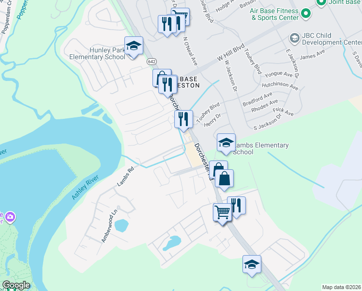 map of restaurants, bars, coffee shops, grocery stores, and more near 4747 Lambs Road in North Charleston
