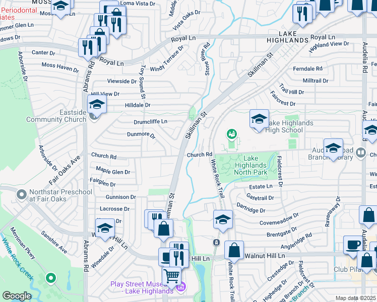 map of restaurants, bars, coffee shops, grocery stores, and more near 9183 Church Road in Dallas