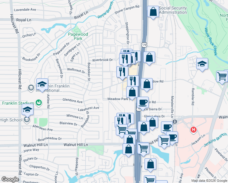 map of restaurants, bars, coffee shops, grocery stores, and more near 7711 Meadow Park Drive in Dallas