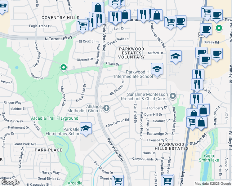 map of restaurants, bars, coffee shops, grocery stores, and more near 5401 Mount McKinley Road in Fort Worth