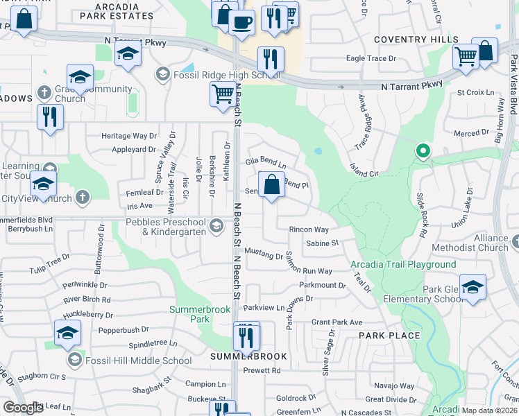 map of restaurants, bars, coffee shops, grocery stores, and more near 4521 Coconino Court in Fort Worth