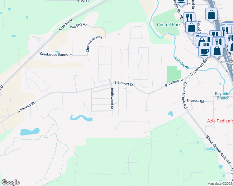 map of restaurants, bars, coffee shops, grocery stores, and more near 133 Bridlewood Street in Azle
