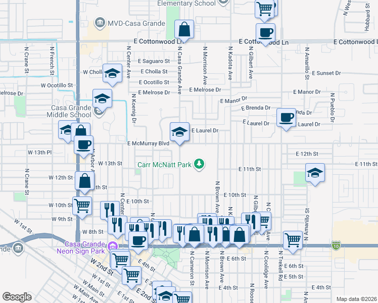 map of restaurants, bars, coffee shops, grocery stores, and more near 1362 North Casa Grande Avenue in Casa Grande