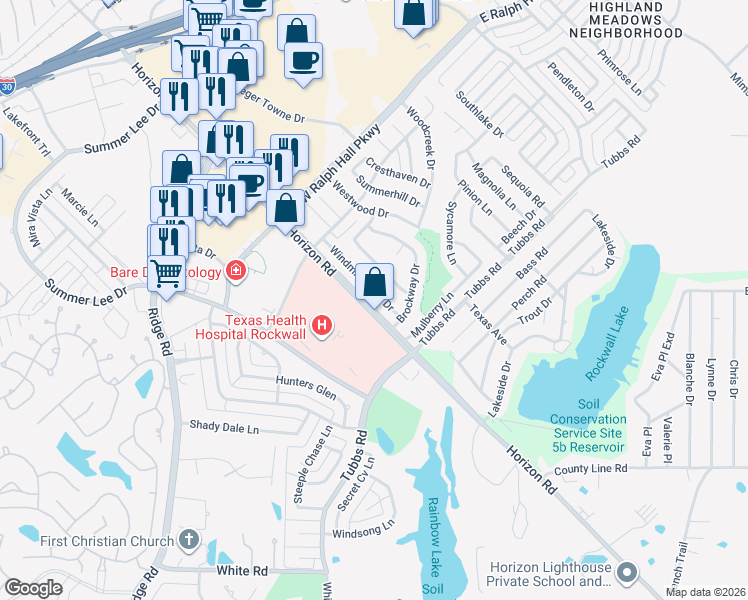 map of restaurants, bars, coffee shops, grocery stores, and more near 6 Horizon Court in Rockwall