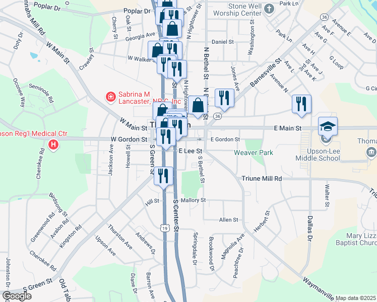 map of restaurants, bars, coffee shops, grocery stores, and more near 216 East Lee Street in Thomaston
