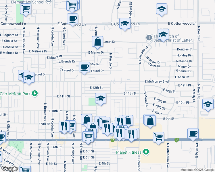map of restaurants, bars, coffee shops, grocery stores, and more near 1152 East 12th Street in Casa Grande