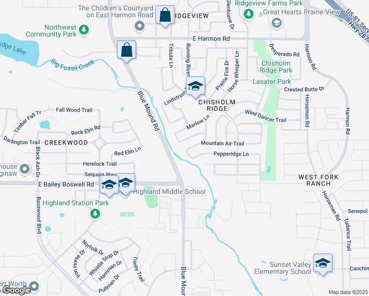 map of restaurants, bars, coffee shops, grocery stores, and more near 1205 Mountain Air Trail in Fort Worth