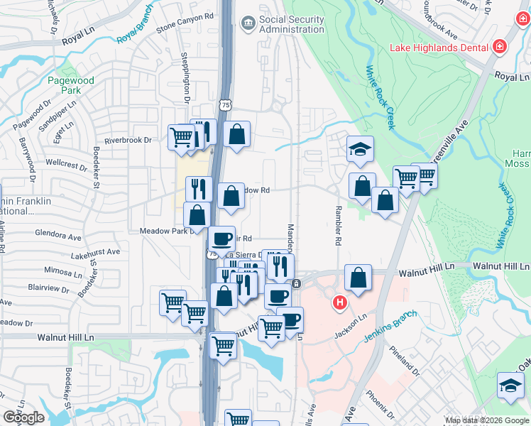map of restaurants, bars, coffee shops, grocery stores, and more near 7777 Manderville Lane in Dallas