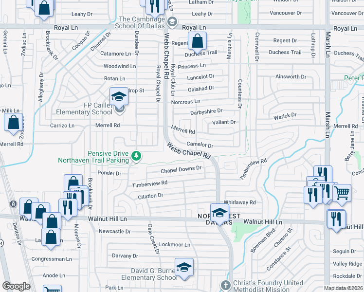 map of restaurants, bars, coffee shops, grocery stores, and more near 3240 Camelot Drive in Dallas