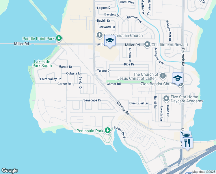 map of restaurants, bars, coffee shops, grocery stores, and more near 2514 Chiesa Road in Rowlett