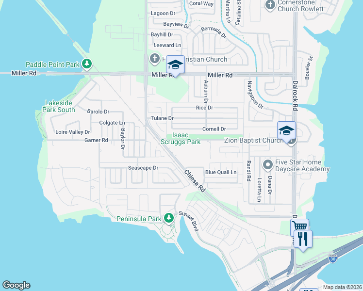 map of restaurants, bars, coffee shops, grocery stores, and more near 2418 Chiesa Road in Rowlett