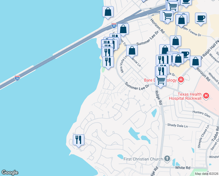 map of restaurants, bars, coffee shops, grocery stores, and more near 1812 Signal Ridge Place in Rockwall