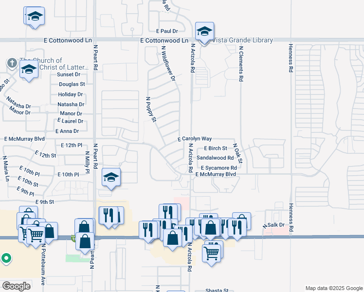 map of restaurants, bars, coffee shops, grocery stores, and more near 1668 East Kielly Lane in Casa Grande