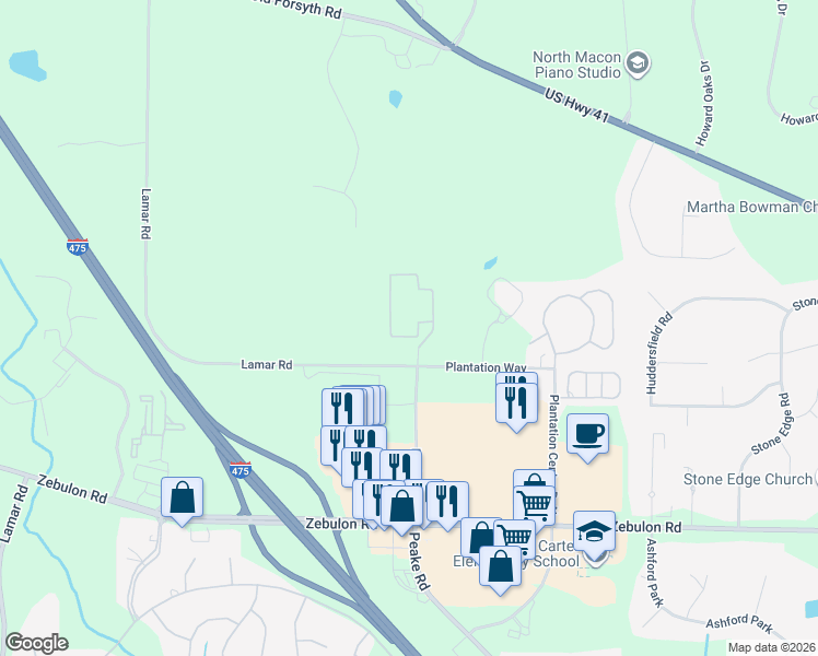 map of restaurants, bars, coffee shops, grocery stores, and more near 7100 Peake Rd N in Macon