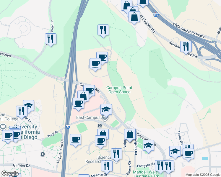 map of restaurants, bars, coffee shops, grocery stores, and more near 10010 Campus Point Drive in San Diego