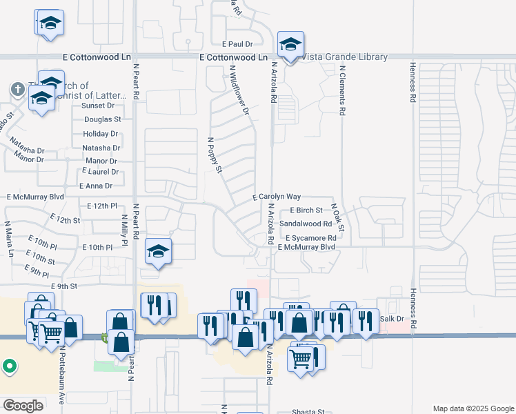 map of restaurants, bars, coffee shops, grocery stores, and more near 1668 East Kielly Lane in Casa Grande