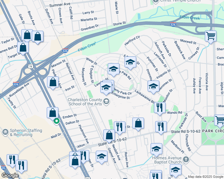 map of restaurants, bars, coffee shops, grocery stores, and more near 4945 West Liberty Park Circle in North Charleston