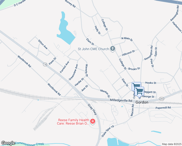 map of restaurants, bars, coffee shops, grocery stores, and more near 100 Waverly Drive in Gordon