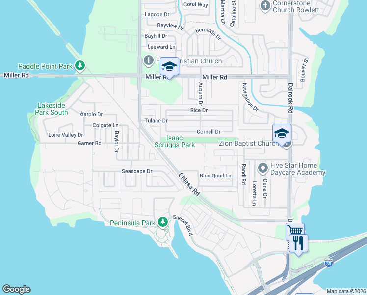 map of restaurants, bars, coffee shops, grocery stores, and more near 2418 Chiesa Road in Rowlett