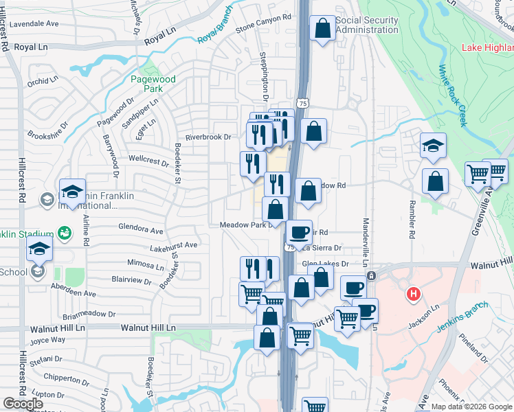 map of restaurants, bars, coffee shops, grocery stores, and more near 10209 Regal Oaks Drive in Dallas