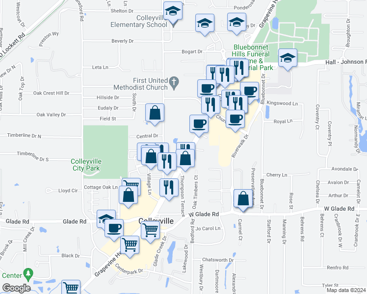 map of restaurants, bars, coffee shops, grocery stores, and more near 110 Professional Court in Colleyville