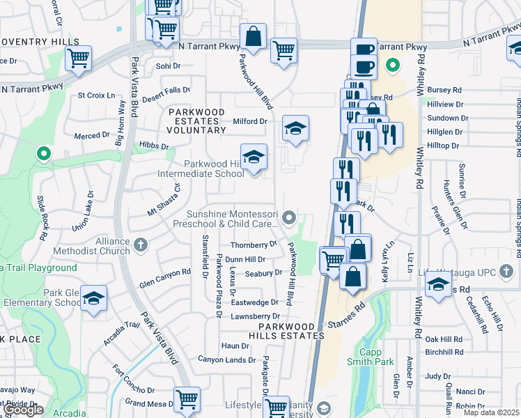 map of restaurants, bars, coffee shops, grocery stores, and more near 5540 Cranberry Drive in Fort Worth