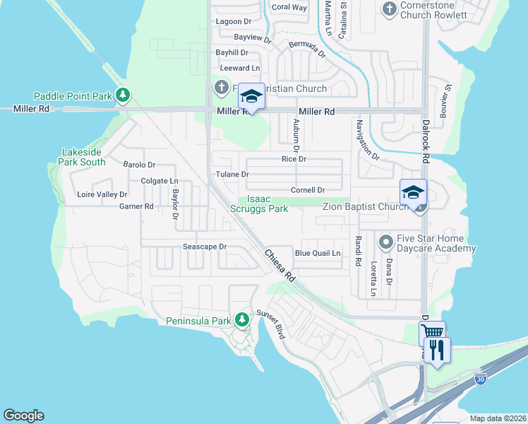 map of restaurants, bars, coffee shops, grocery stores, and more near 2418 Chiesa Road in Rowlett