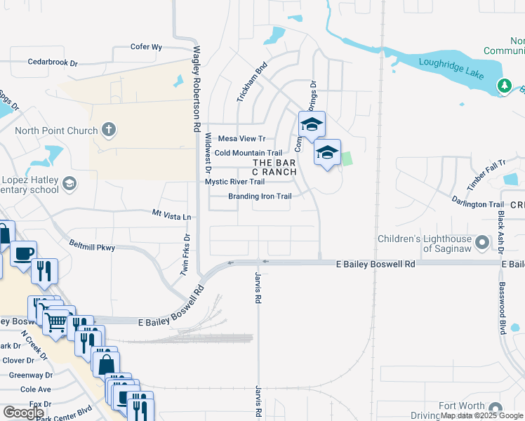 map of restaurants, bars, coffee shops, grocery stores, and more near 405 Mariscal Place in Fort Worth