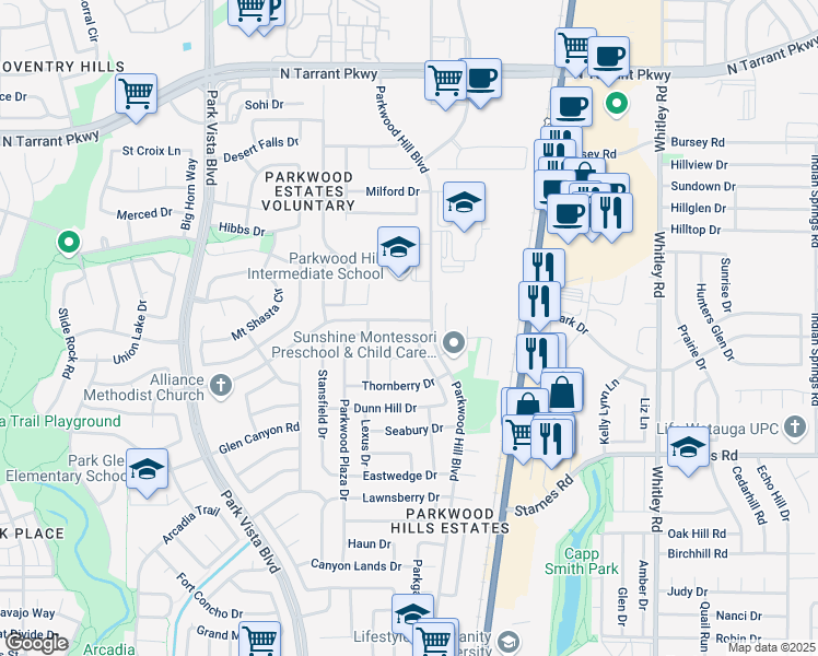 map of restaurants, bars, coffee shops, grocery stores, and more near 5540 Cranberry Drive in Fort Worth