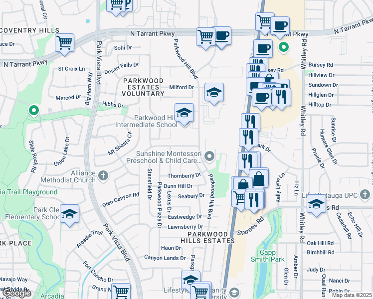 map of restaurants, bars, coffee shops, grocery stores, and more near 5540 Cranberry Drive in Fort Worth