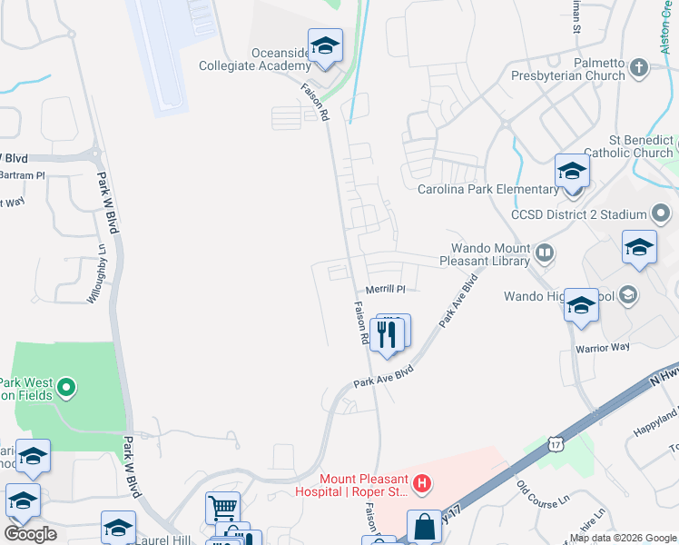 map of restaurants, bars, coffee shops, grocery stores, and more near 435 Faison Road in Mount Pleasant